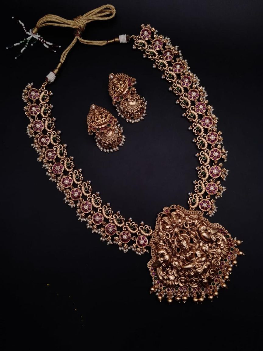 LONG SET IN POLKI (GOLD POLISH) STYLE | DESIGN - 10464