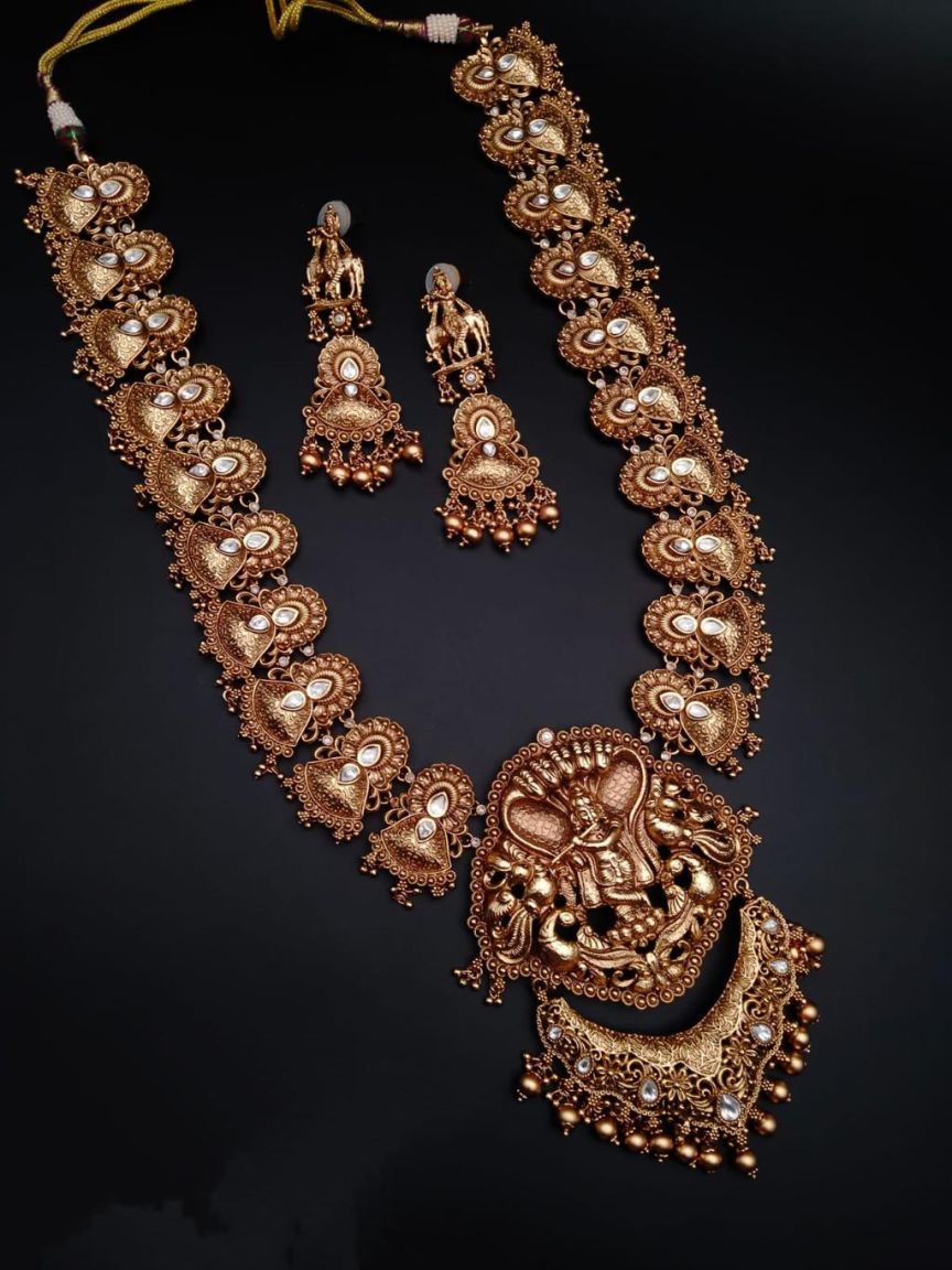 LONG SET IN POLKI (GOLD POLISH) STYLE | DESIGN - 10473