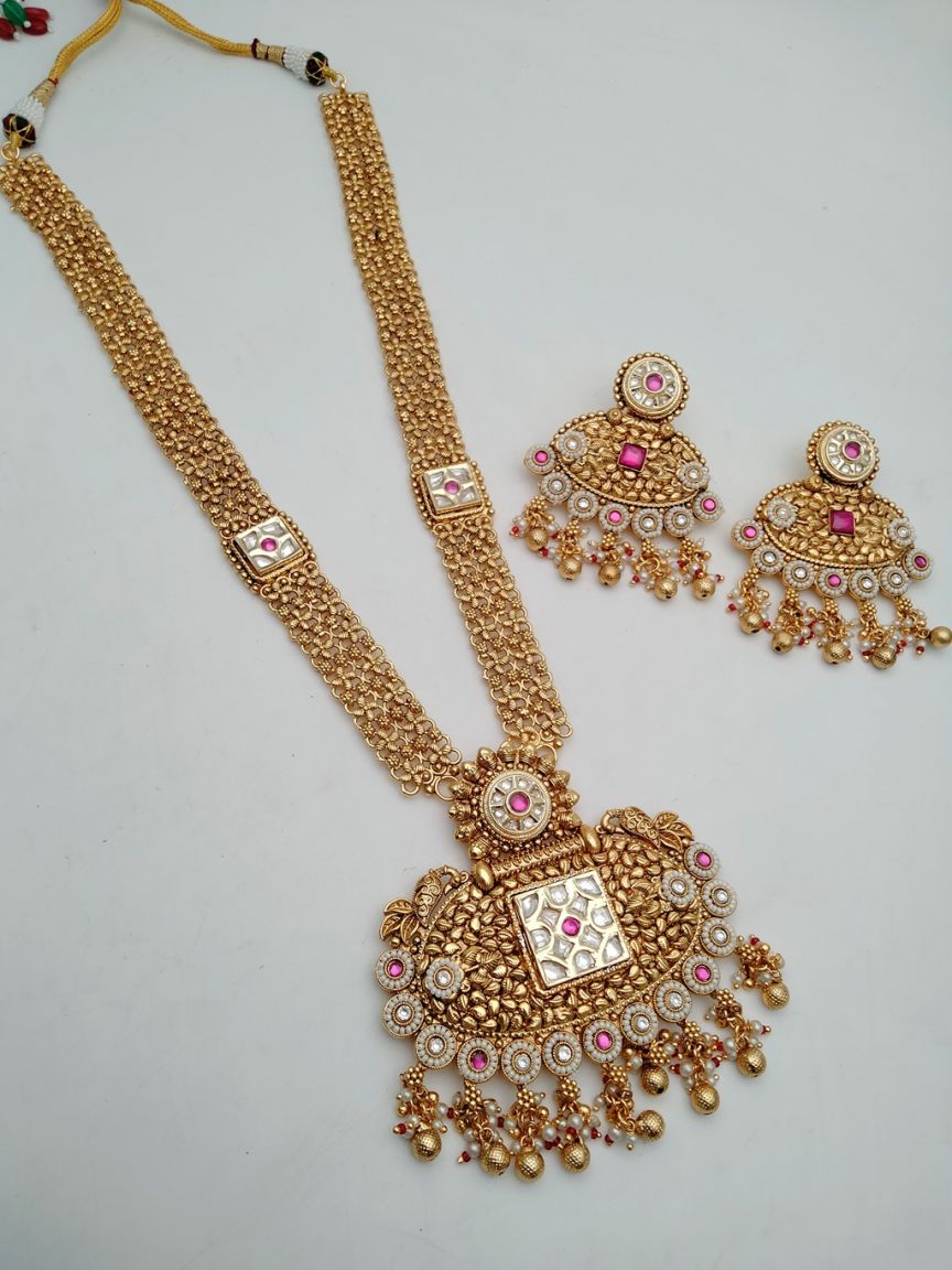 LONG SET IN POLKI (GOLD POLISH) STYLE | DESIGN - 10485