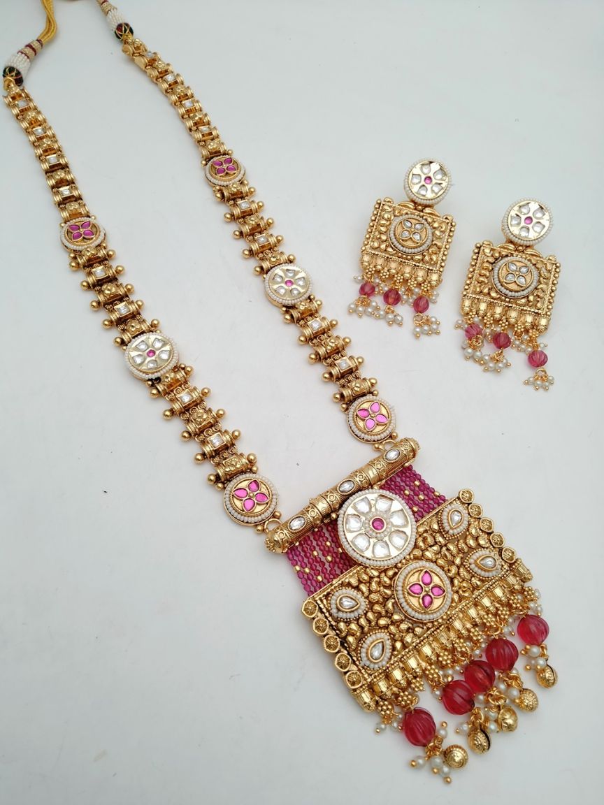 LONG SET IN POLKI (GOLD POLISH) STYLE | DESIGN - 10486