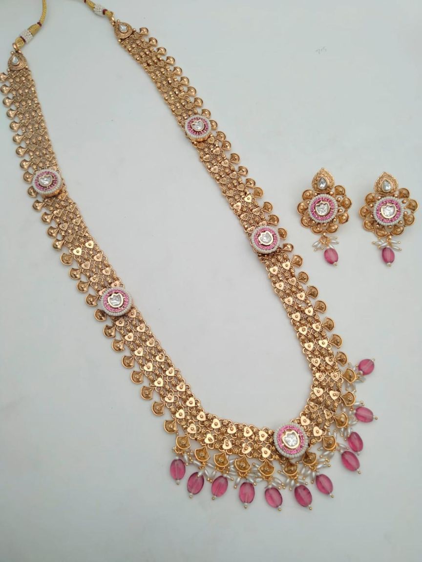 LONG SET IN POLKI (GOLD POLISH) STYLE | DESIGN - 10498