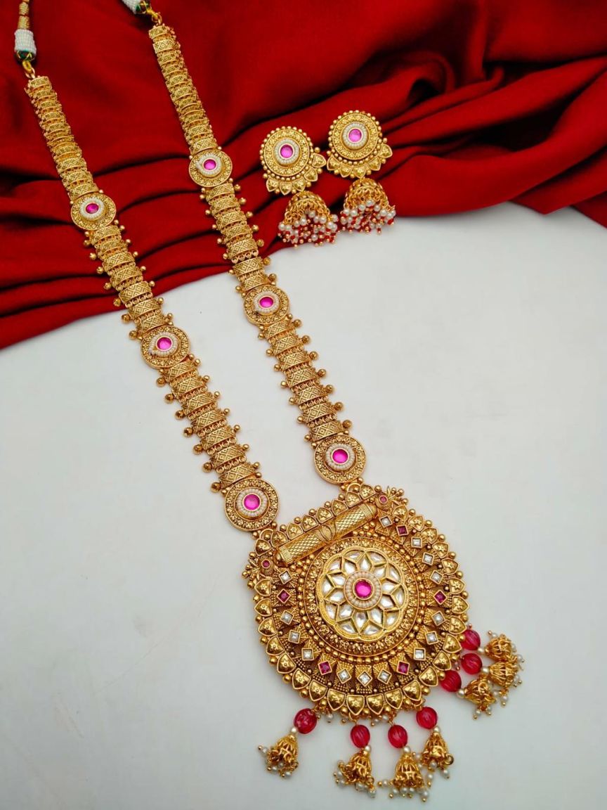 LONG SET IN POLKI (GOLD POLISH) STYLE | DESIGN - 10502