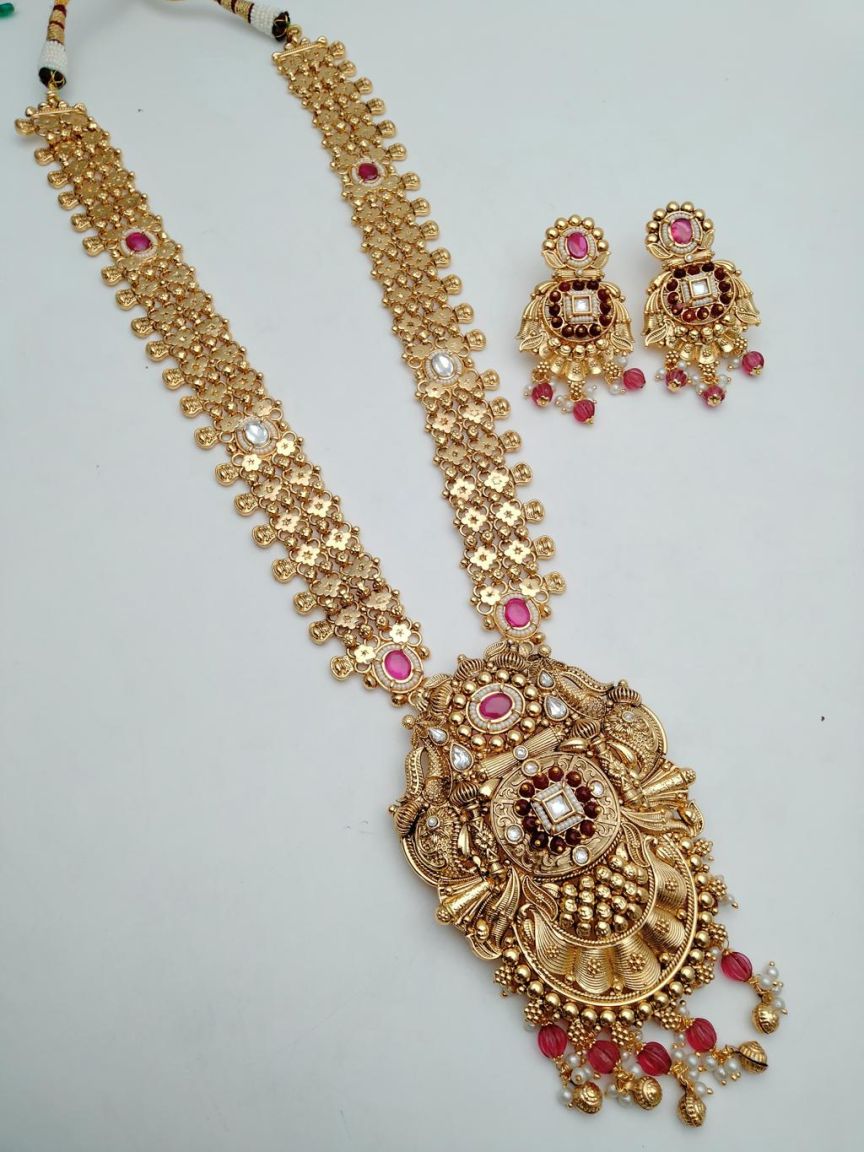 LONG SET IN POLKI (GOLD POLISH) STYLE | DESIGN - 10506