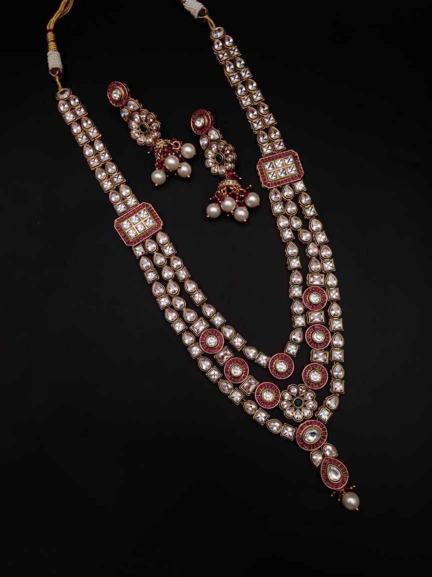 LONG SET IN POLKI (GOLD POLISH) STYLE | DESIGN - 10514