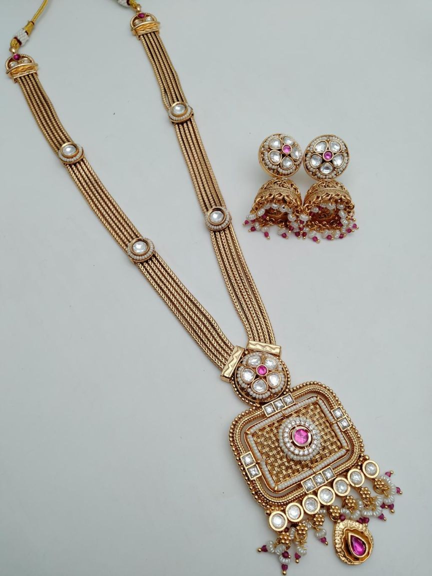 LONG SET IN POLKI (GOLD POLISH) STYLE | DESIGN - 10515
