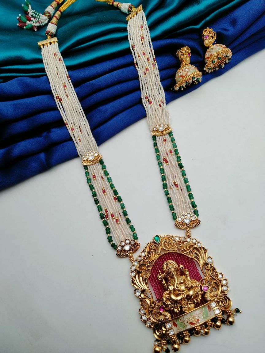LONG SET IN POLKI (GOLD POLISH) STYLE | DESIGN - 10525
