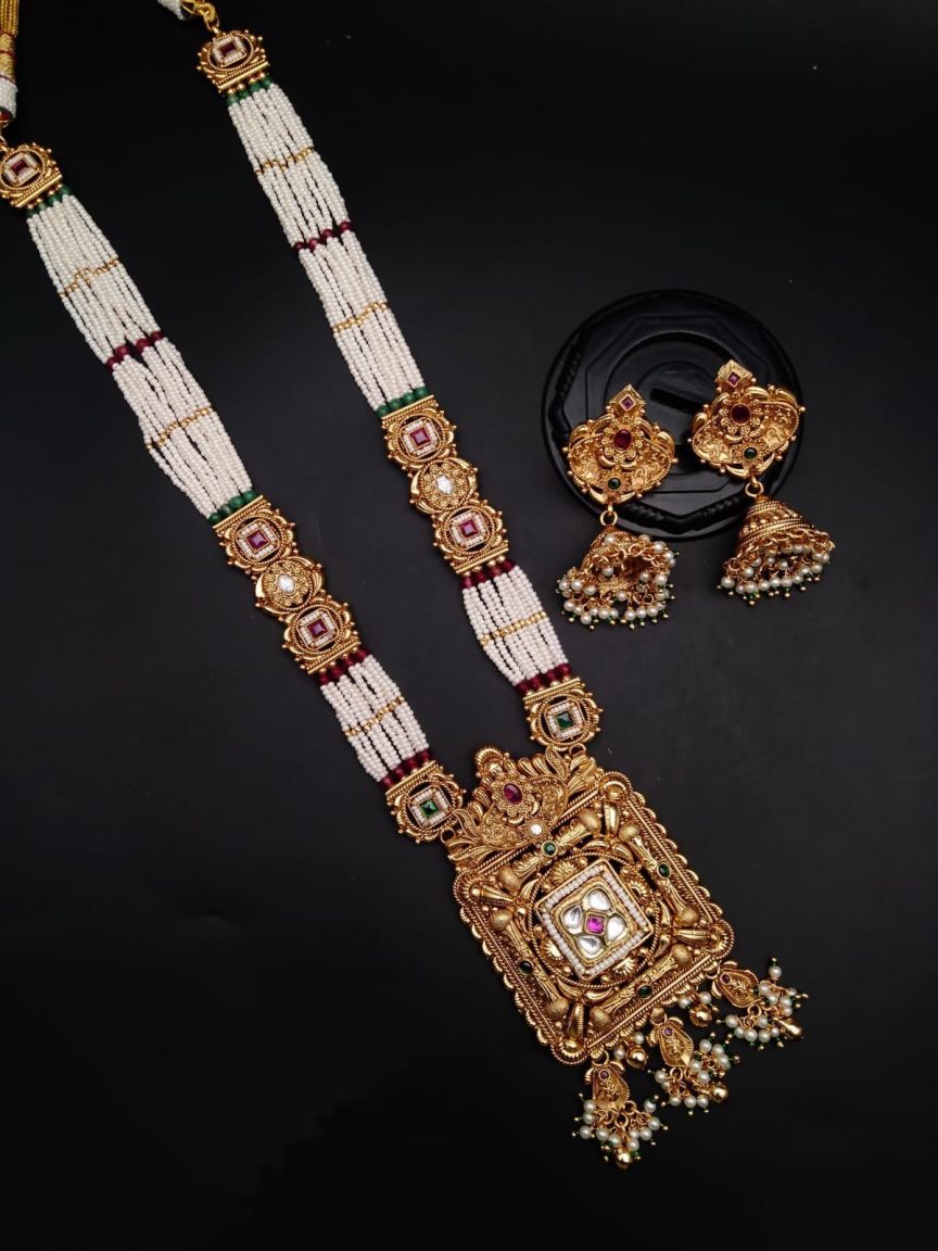 LONG SET IN POLKI (GOLD POLISH) STYLE | DESIGN - 10526
