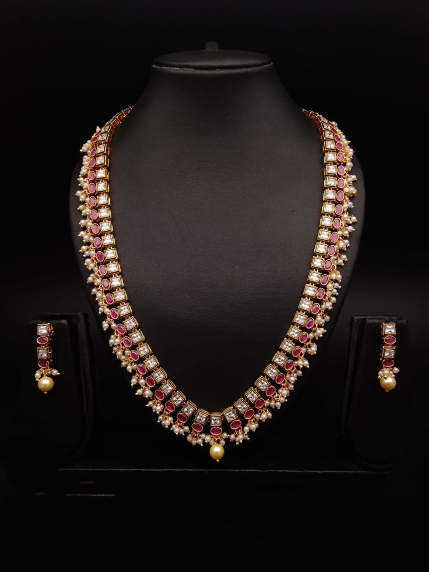 LONG SET IN POLKI (GOLD POLISH) STYLE | DESIGN - 10527