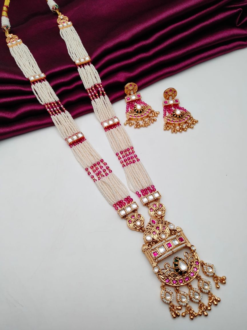 LONG SET IN POLKI (GOLD POLISH) STYLE | DESIGN - 10528