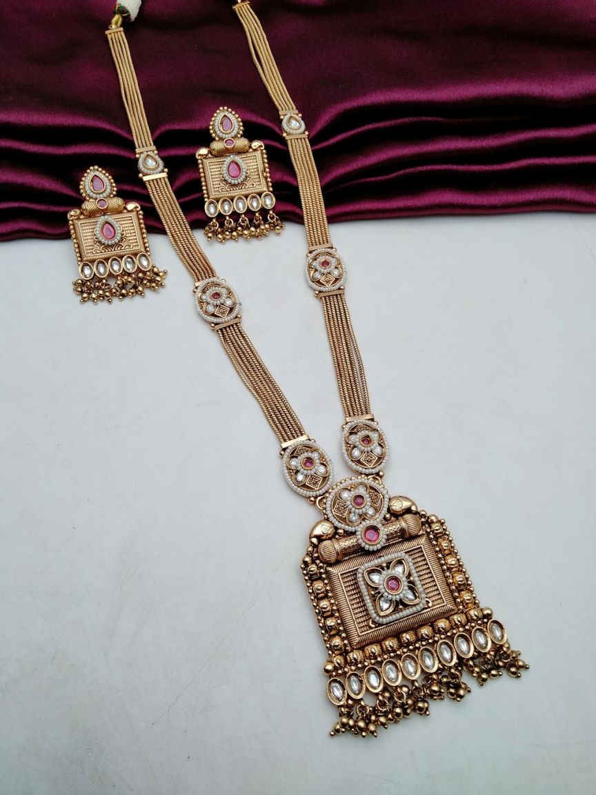 LONG SET IN POLKI (GOLD POLISH) STYLE | DESIGN - 10536