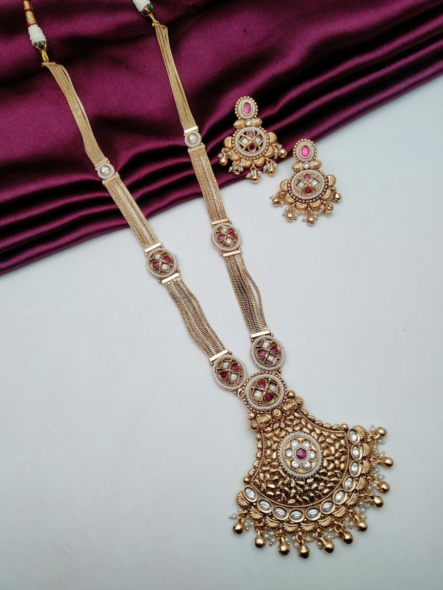 LONG SET IN POLKI (GOLD POLISH) STYLE | DESIGN - 10539