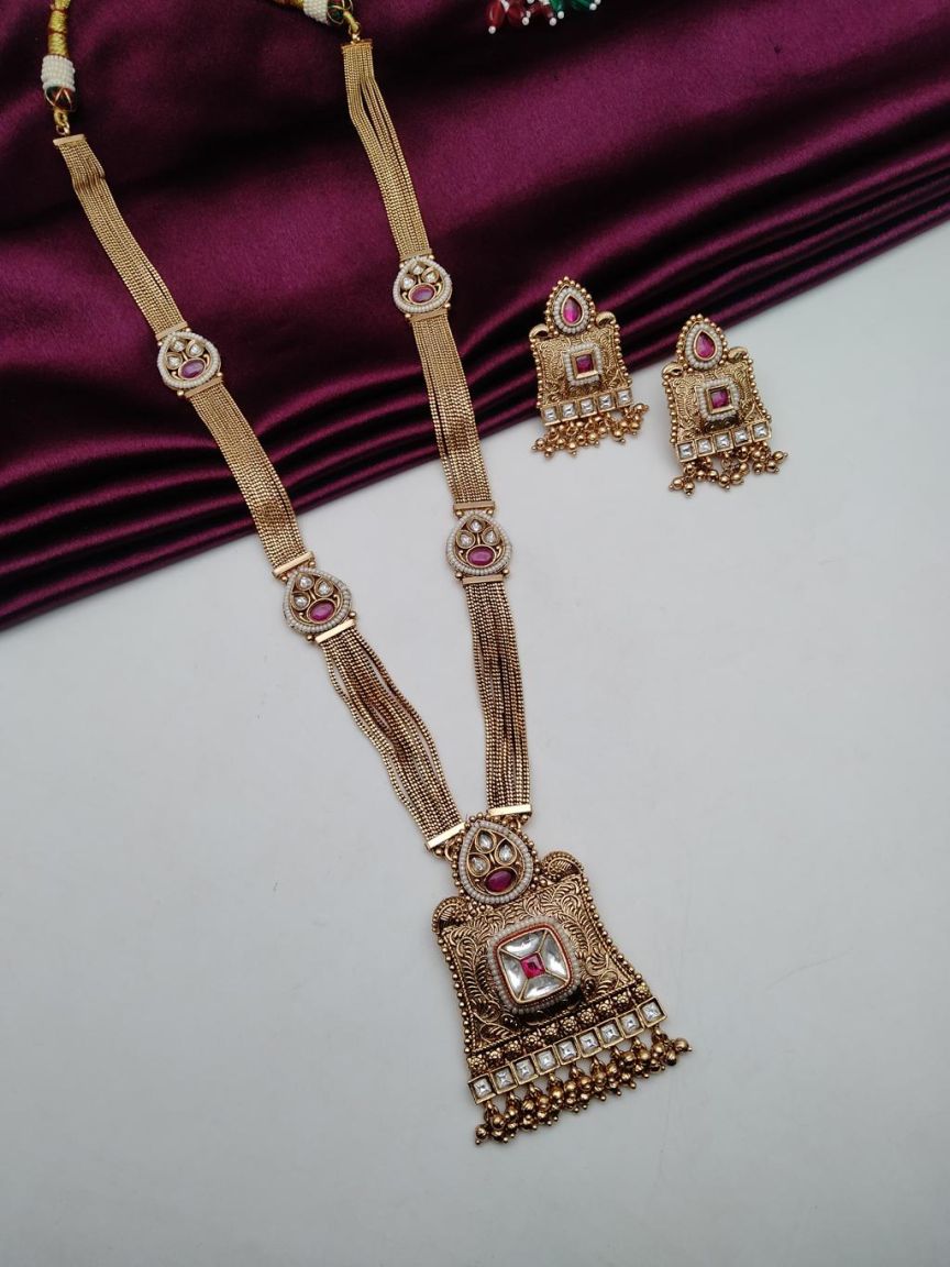 LONG SET IN POLKI (GOLD POLISH) STYLE | DESIGN - 10540