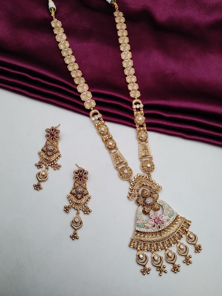 LONG SET IN POLKI (GOLD POLISH) STYLE | DESIGN - 10542