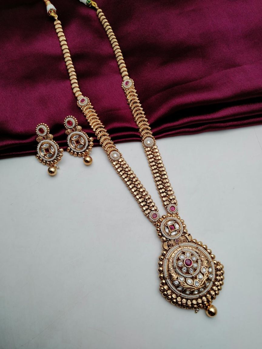 LONG SET IN POLKI (GOLD POLISH) STYLE | DESIGN - 10553