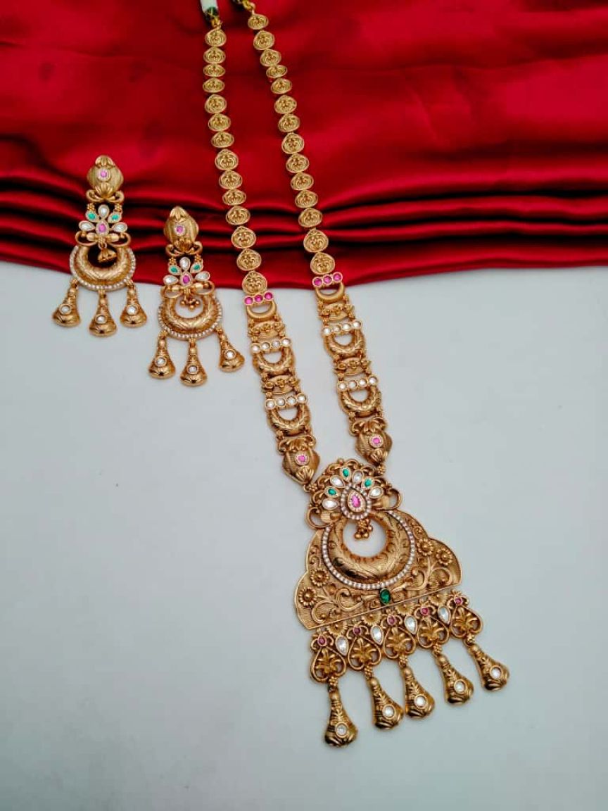 LONG SET IN POLKI (GOLD POLISH) STYLE | DESIGN - 10554