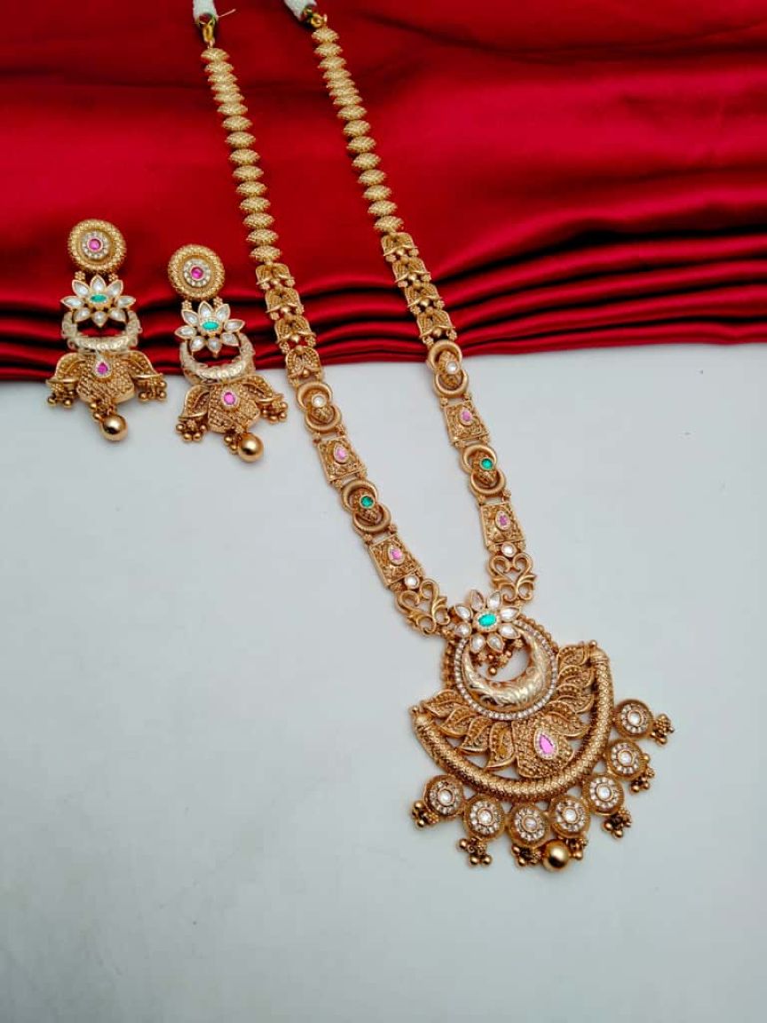 LONG SET IN POLKI (GOLD POLISH) STYLE | DESIGN - 10555
