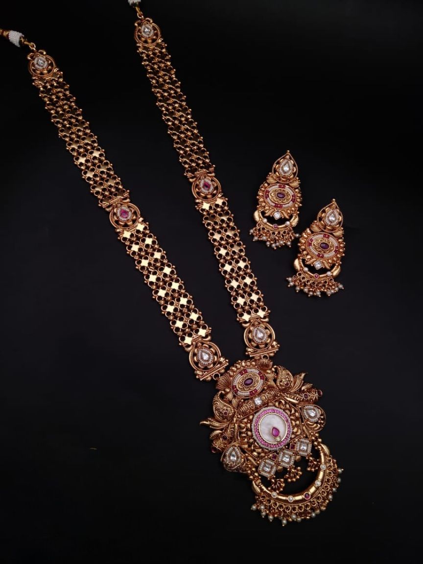 LONG SET IN POLKI (GOLD POLISH) STYLE | DESIGN - 10560