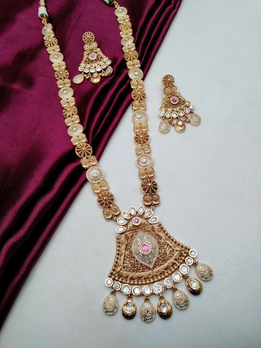 LONG SET IN POLKI (GOLD POLISH) STYLE | DESIGN - 10562