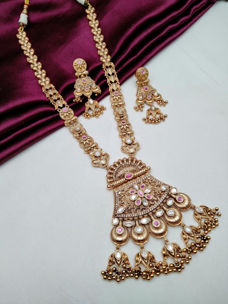 LONG SET IN POLKI (GOLD POLISH) STYLE | DESIGN - 10563