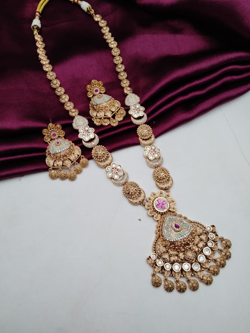 LONG SET IN POLKI (GOLD POLISH) STYLE | DESIGN - 10564