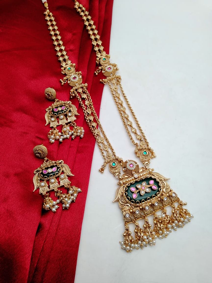 LONG SET IN POLKI (GOLD POLISH) STYLE | DESIGN - 10566