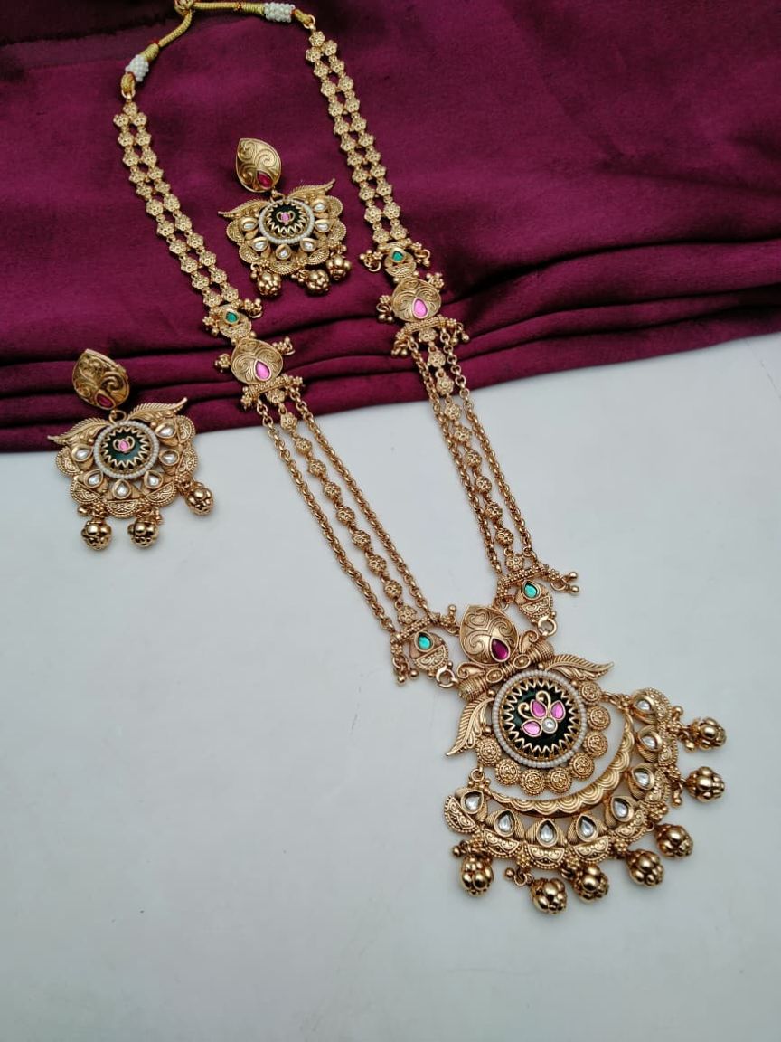 LONG SET IN POLKI (GOLD POLISH) STYLE | DESIGN - 10568