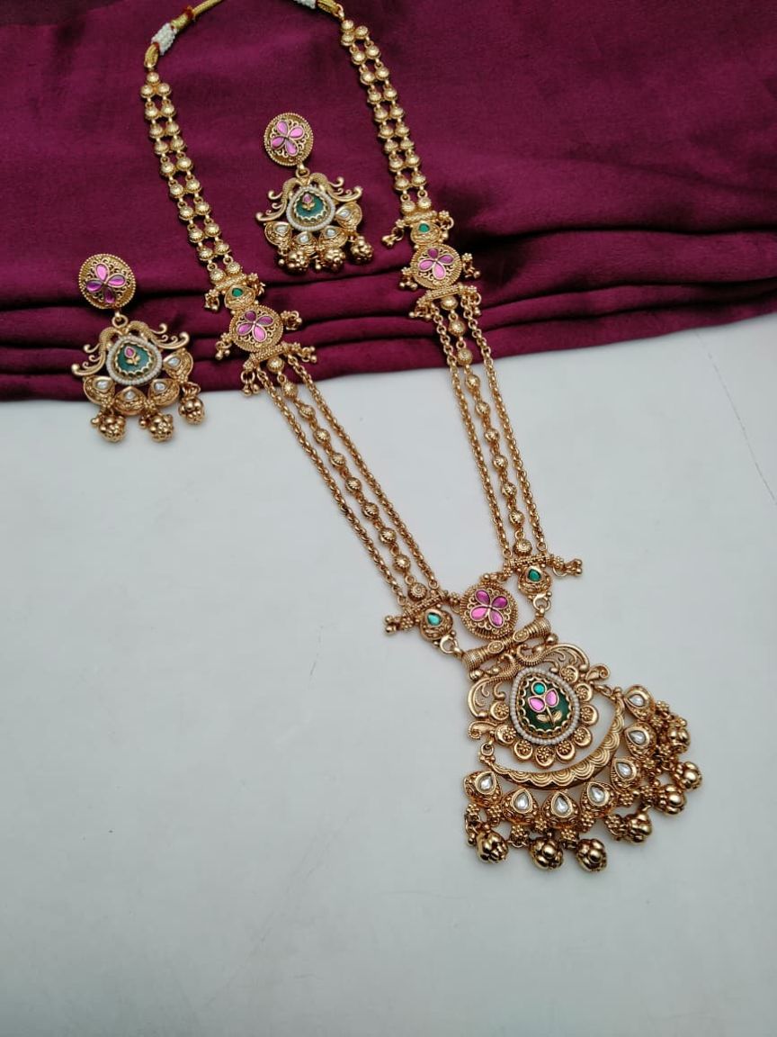 LONG SET IN POLKI (GOLD POLISH) STYLE | DESIGN - 10569