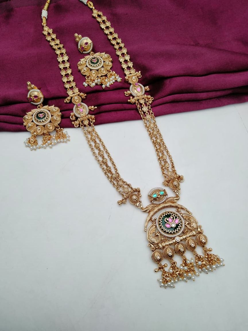 LONG SET IN POLKI (GOLD POLISH) STYLE | DESIGN - 10571