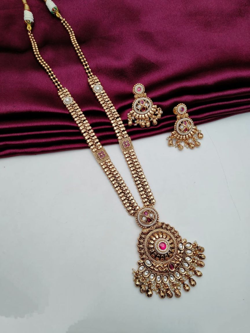 LONG SET IN POLKI (GOLD POLISH) STYLE | DESIGN - 10573