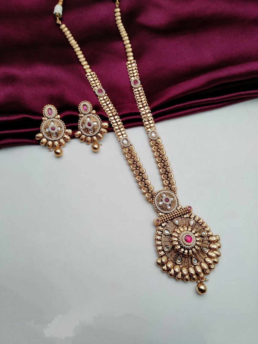 LONG SET IN POLKI (GOLD POLISH) STYLE | DESIGN - 10574