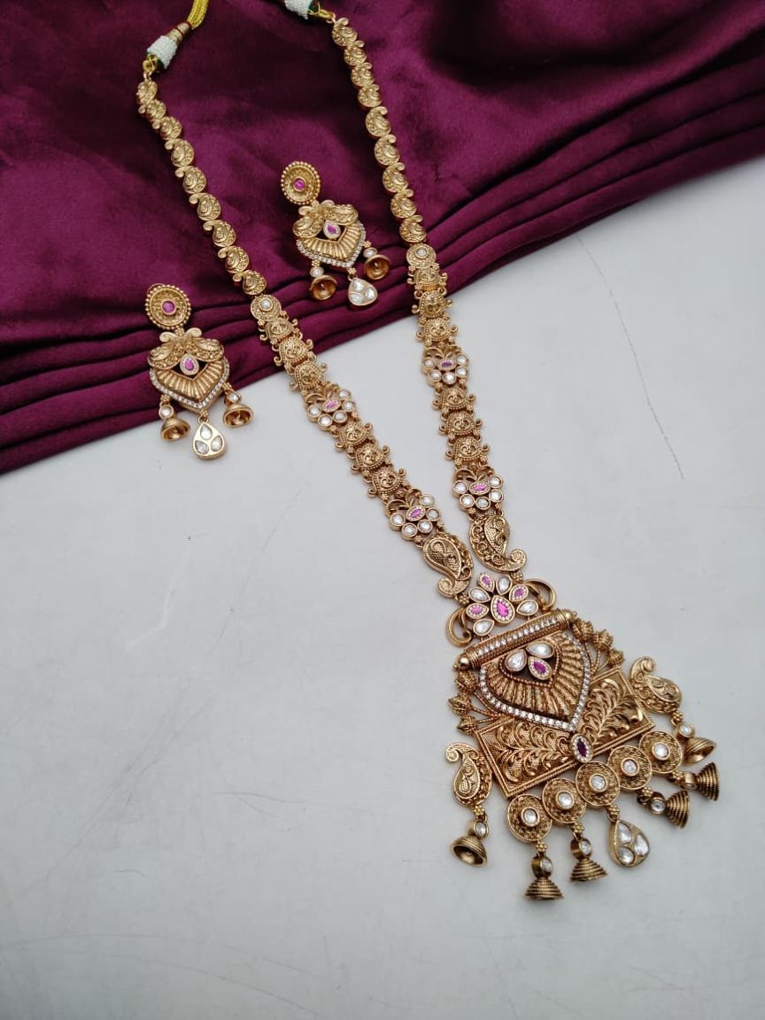LONG SET IN POLKI (GOLD POLISH) STYLE | DESIGN - 10575