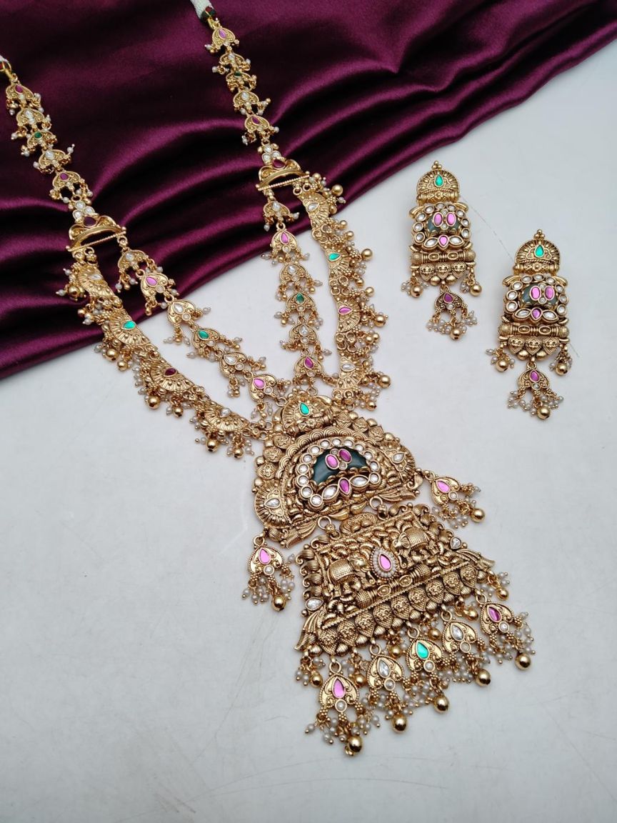 LONG SET IN POLKI (GOLD POLISH) STYLE | DESIGN - 10576