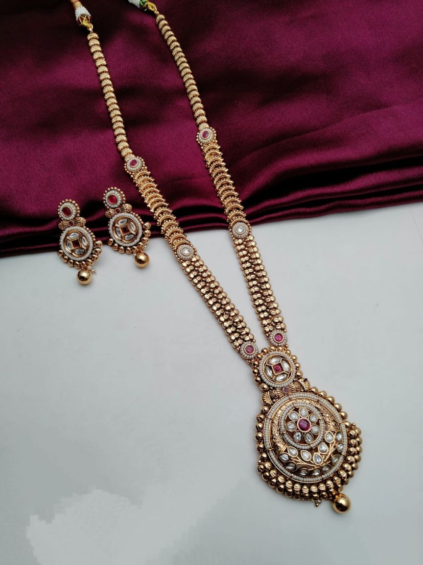 LONG SET IN POLKI (GOLD POLISH) STYLE | DESIGN - 10577