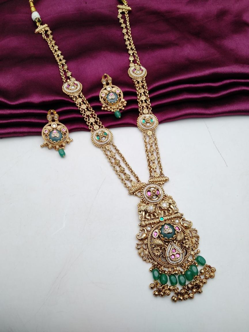 LONG SET IN POLKI (GOLD POLISH) STYLE | DESIGN - 10579