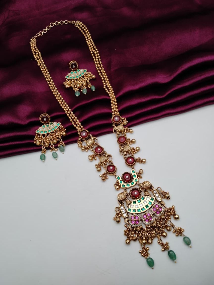LONG SET IN POLKI (GOLD POLISH) STYLE | DESIGN - 10580