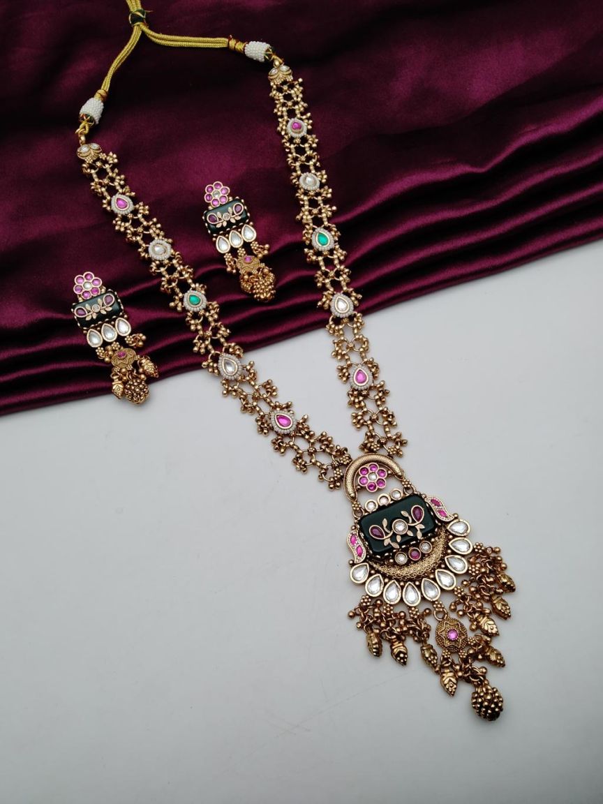 LONG SET IN POLKI (GOLD POLISH) STYLE | DESIGN - 10583