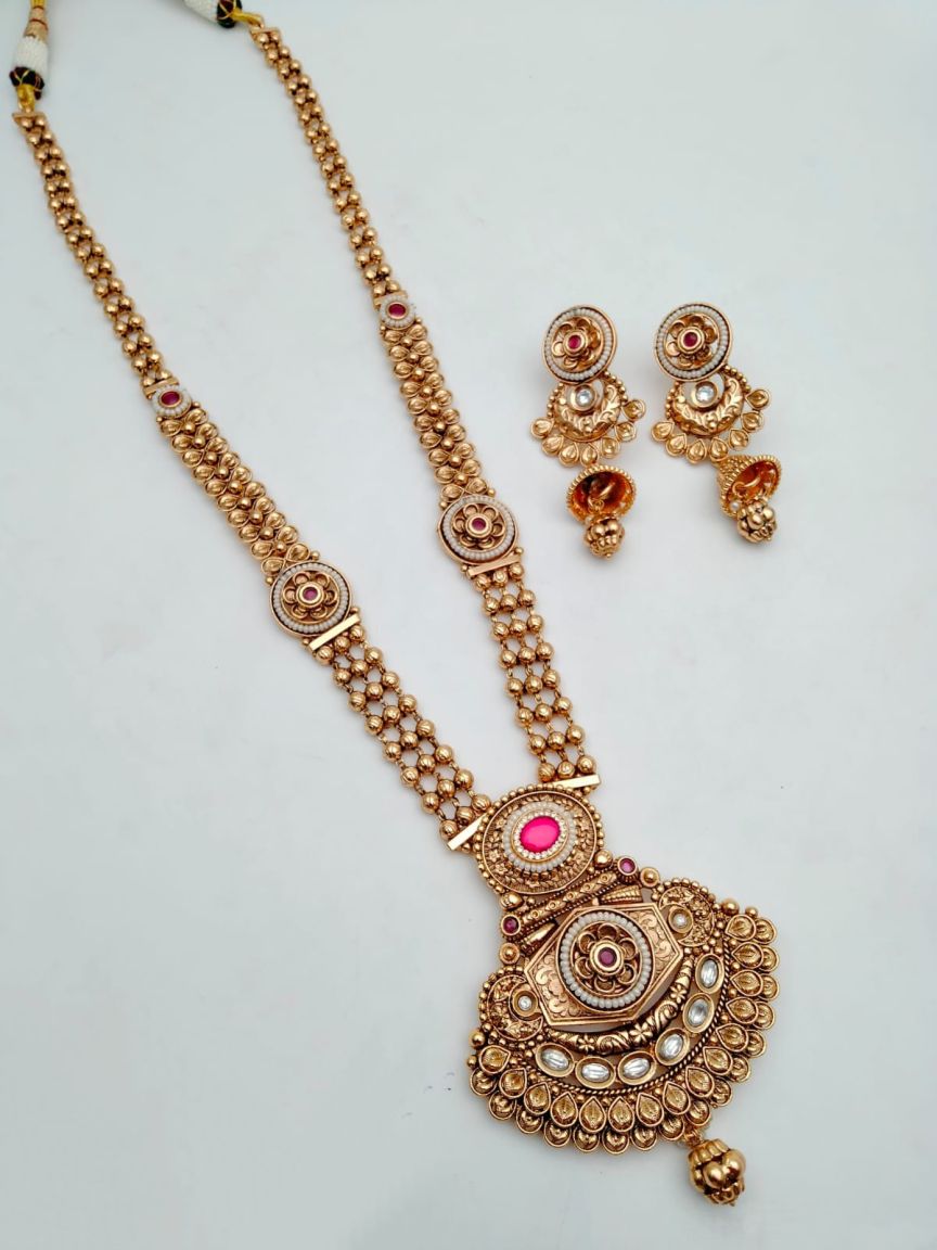 LONG SET IN POLKI (GOLD POLISH) STYLE | DESIGN - 10585