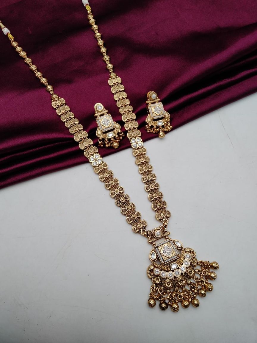 LONG SET IN POLKI (GOLD POLISH) STYLE | DESIGN - 10596
