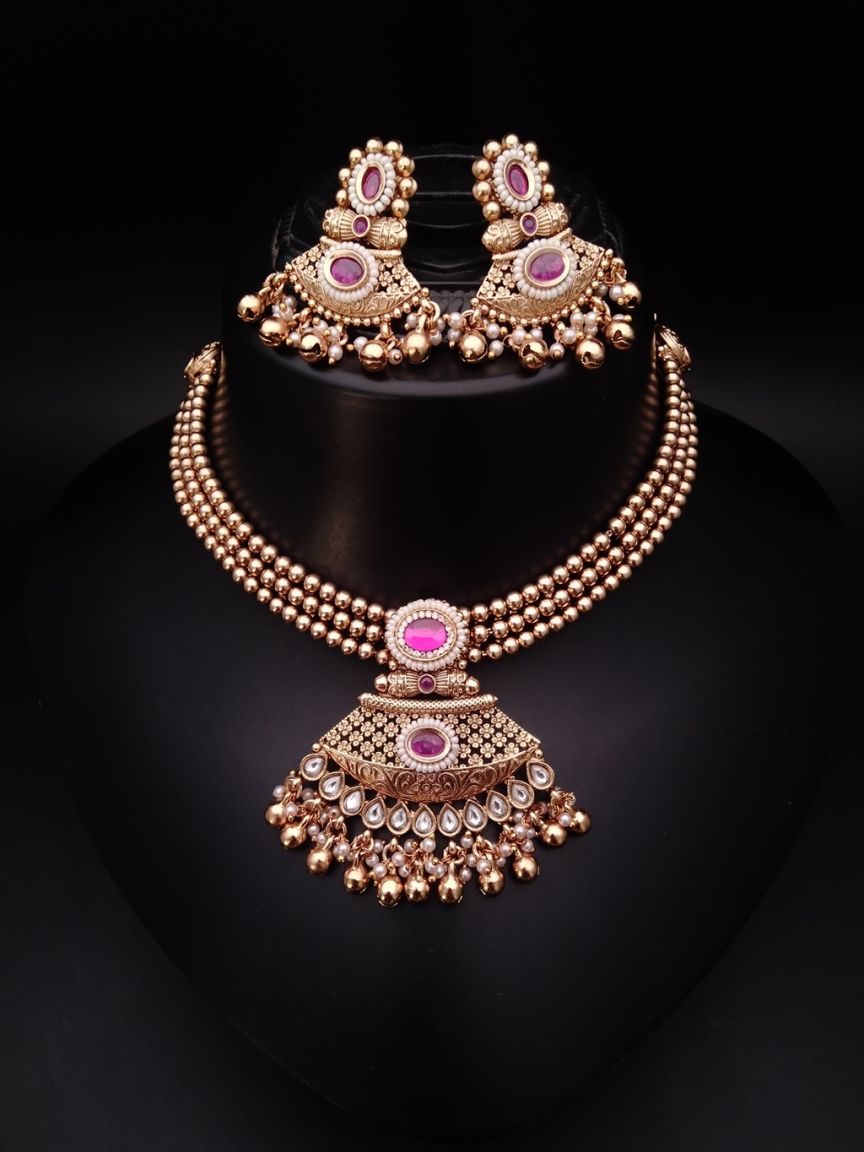 NECKLASE SET IN POLKI (GOLD POLISH) STYLE | DESIGN - 17318