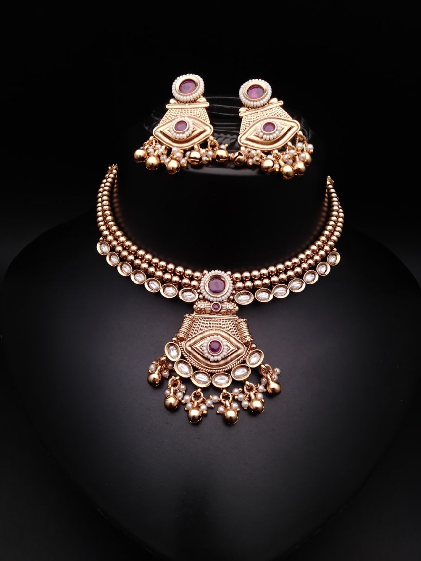NECKLASE SET IN POLKI (GOLD POLISH) STYLE | DESIGN - 17321