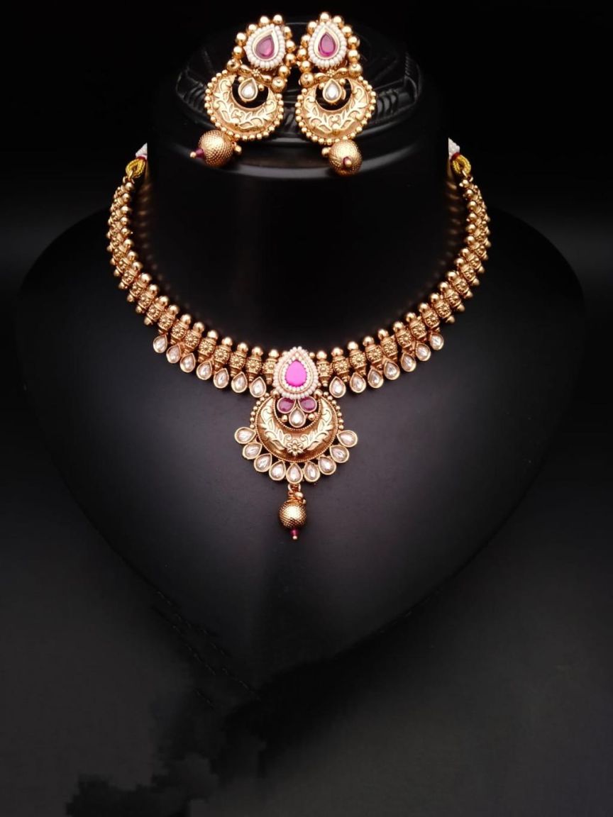 NECKLASE SET IN POLKI (GOLD POLISH) STYLE | DESIGN - 17322