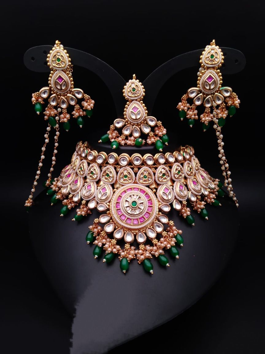 NECKLASE SET IN POLKI (GOLD POLISH) STYLE | DESIGN - 17326