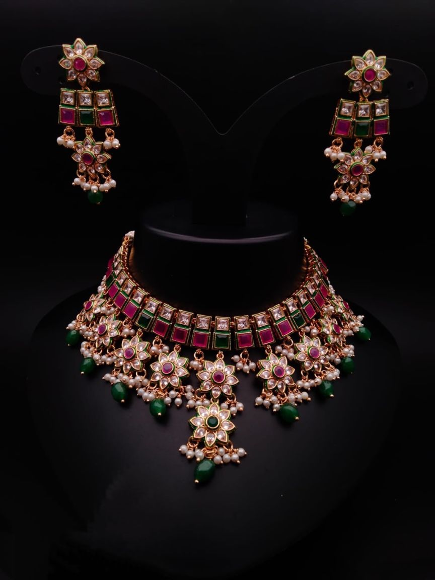 NECKLASE SET IN POLKI (GOLD POLISH) STYLE | DESIGN - 17453