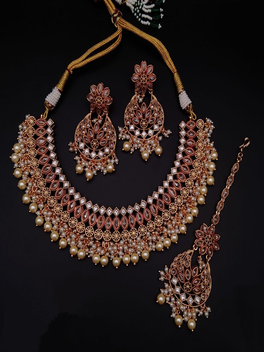 NECKLASE SET IN POLKI (GOLD POLISH) STYLE | DESIGN - 17482