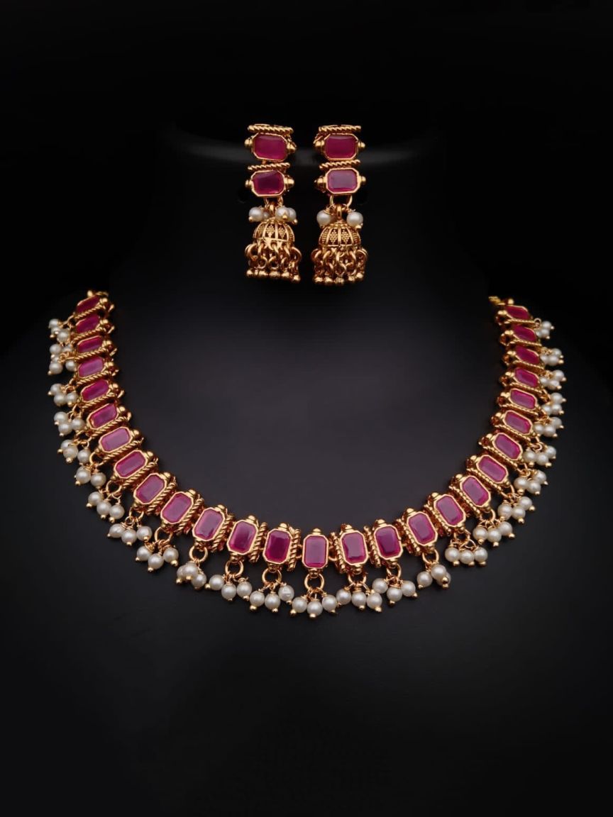 NECKLASE SET IN POLKI (GOLD POLISH) STYLE | DESIGN - 17540