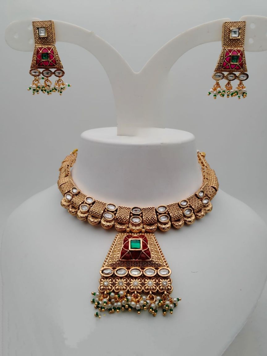 NECKLASE SET IN POLKI (GOLD POLISH) STYLE | DESIGN - 17545
