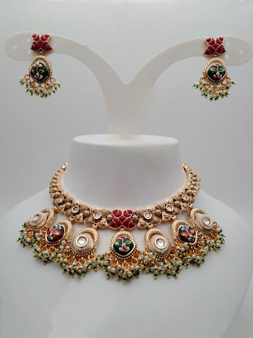 NECKLASE SET IN POLKI (GOLD POLISH) STYLE | DESIGN - 17546