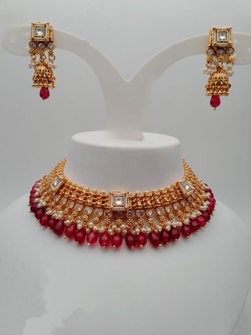 NECKLASE SET IN POLKI (GOLD POLISH) STYLE | DESIGN - 17554