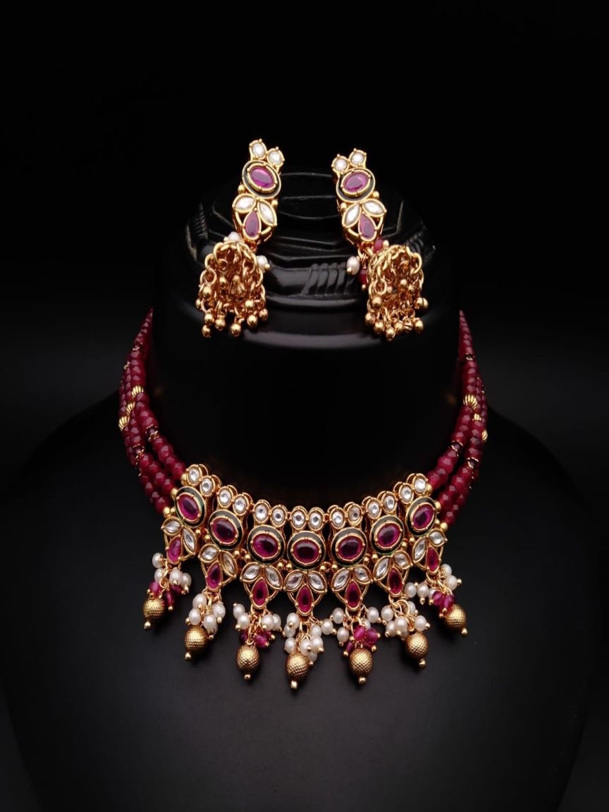 NECKLASE SET IN POLKI (GOLD POLISH) STYLE | DESIGN - 17555