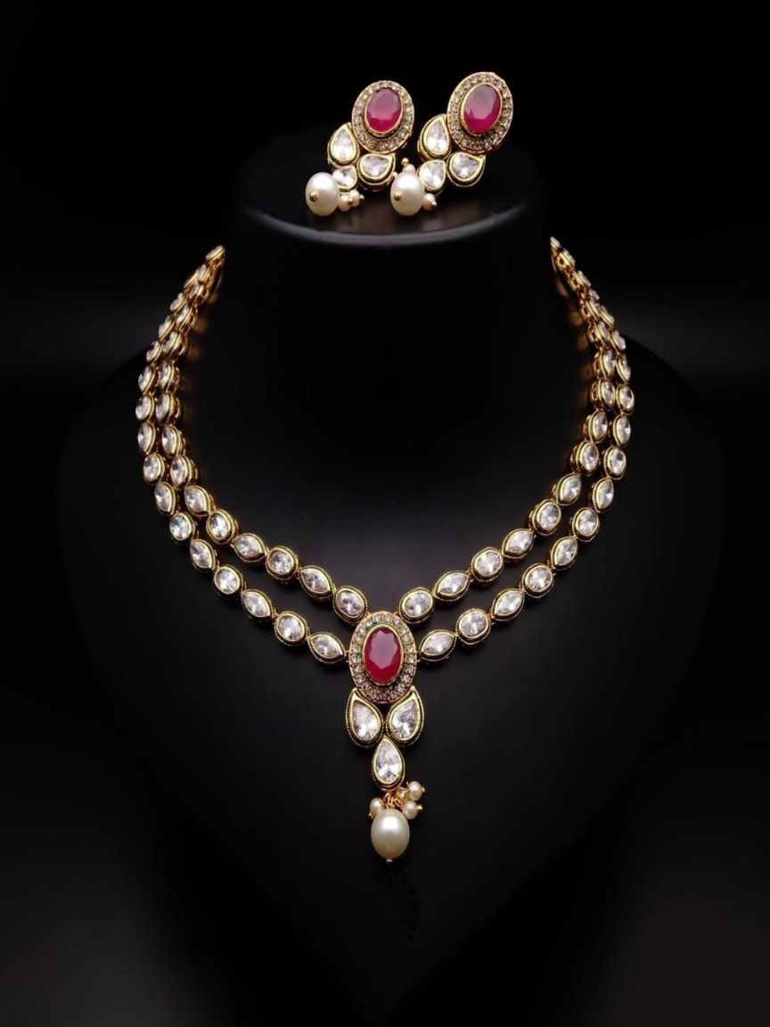 NECKLASE SET IN POLKI (GOLD POLISH) STYLE | DESIGN - 17571